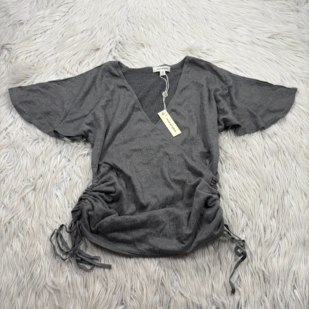 NWT Max Studio Women's XS Surplice Flutter Sleeve Top Forest Fairy Milk Maid